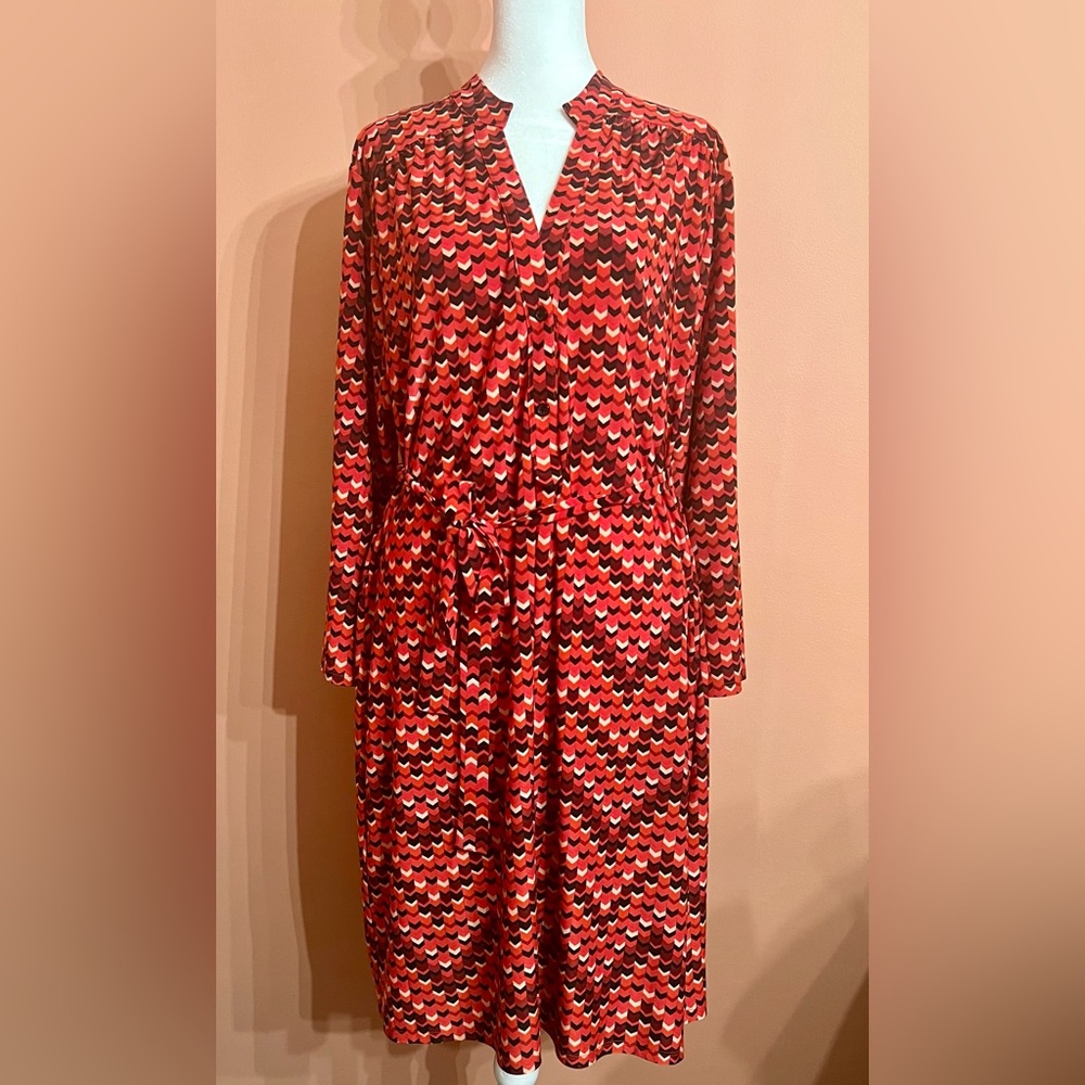 XL Red & Black Chevron 3/4 Sleeve Midi Tie Belt Shirt Dress No Iron/Packable